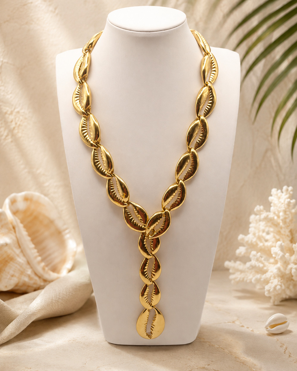 Vintage Coreen Simpson Cowrie Shell Link Necklace Gold Tone 23" Signed Rare